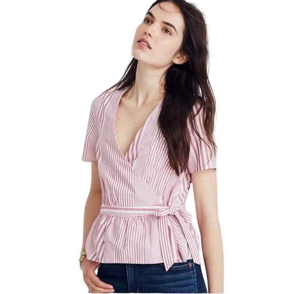 Madewell Tops - Madewell Women’s Ruffle-Hem Wrap Top in Stripe Mix White Pink Cotton Size Large
